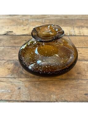Hand Blown Amber Clear Glass Short Round Bud Vase Speckled